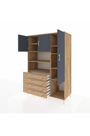 Kronos Dolap 8 Raflı 4 Çekmeceli 3 Kapaklı 132x59x195 Çam-Antrasit/Çam