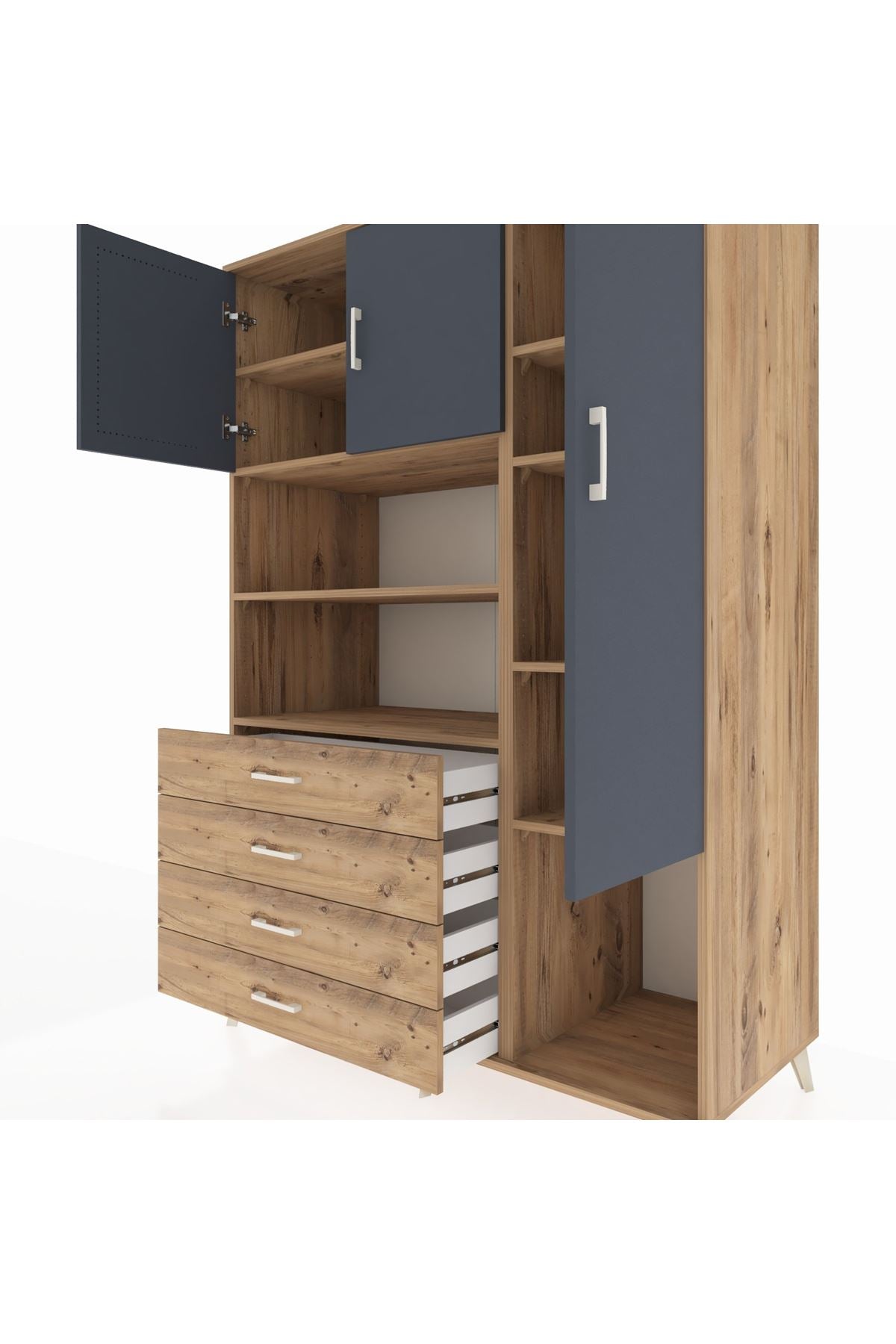 Kronos Dolap 8 Raflı 4 Çekmeceli 3 Kapaklı 132x59x195 Çam-Antrasit/Çam