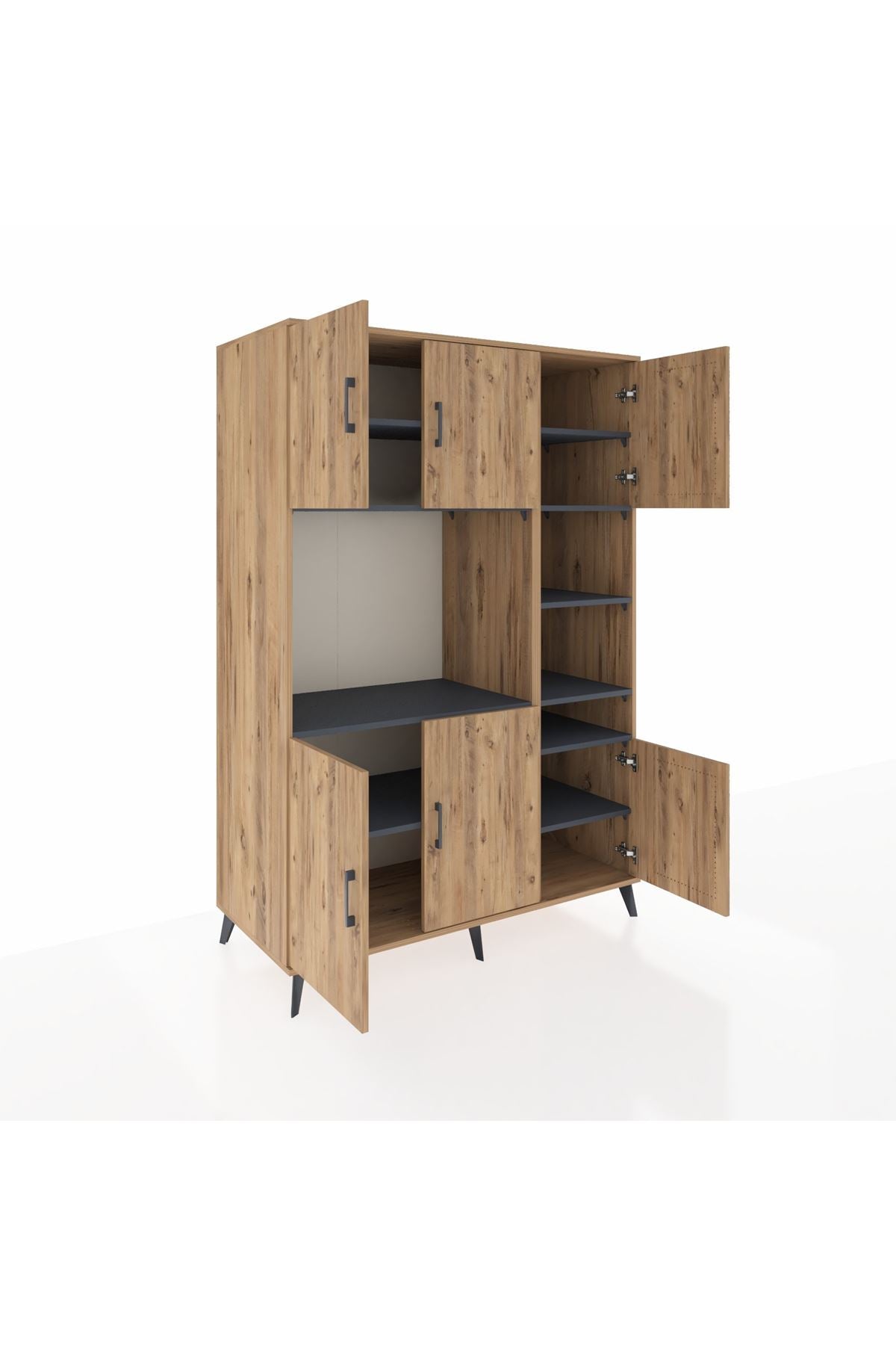 Kronos Dolap 10 Raflı 6 Kapaklı 132x59x195 Çam-Çam/Antrasit