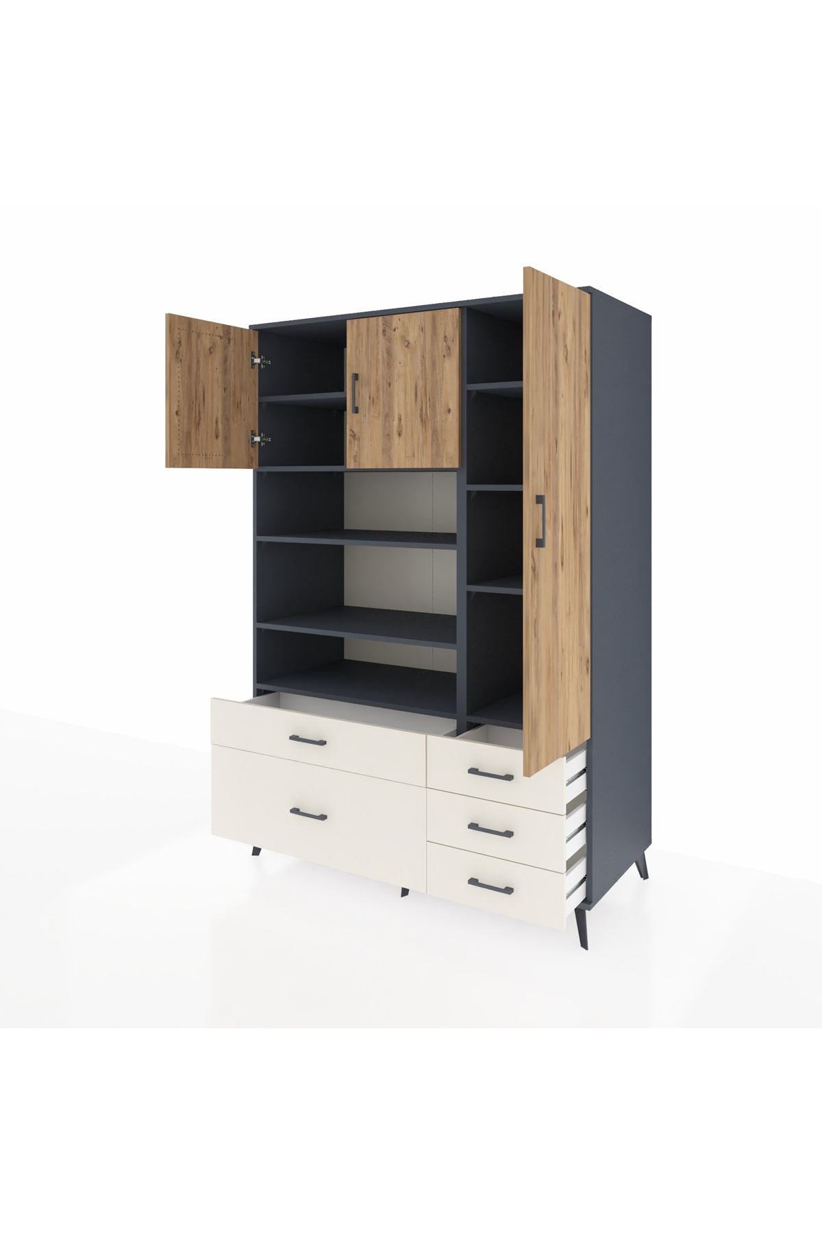Kronos Dolap 9 Raflı 5 Çekmeceli 3 Kapaklı 132x59x195 Antrasit-Çam/Aytaşı