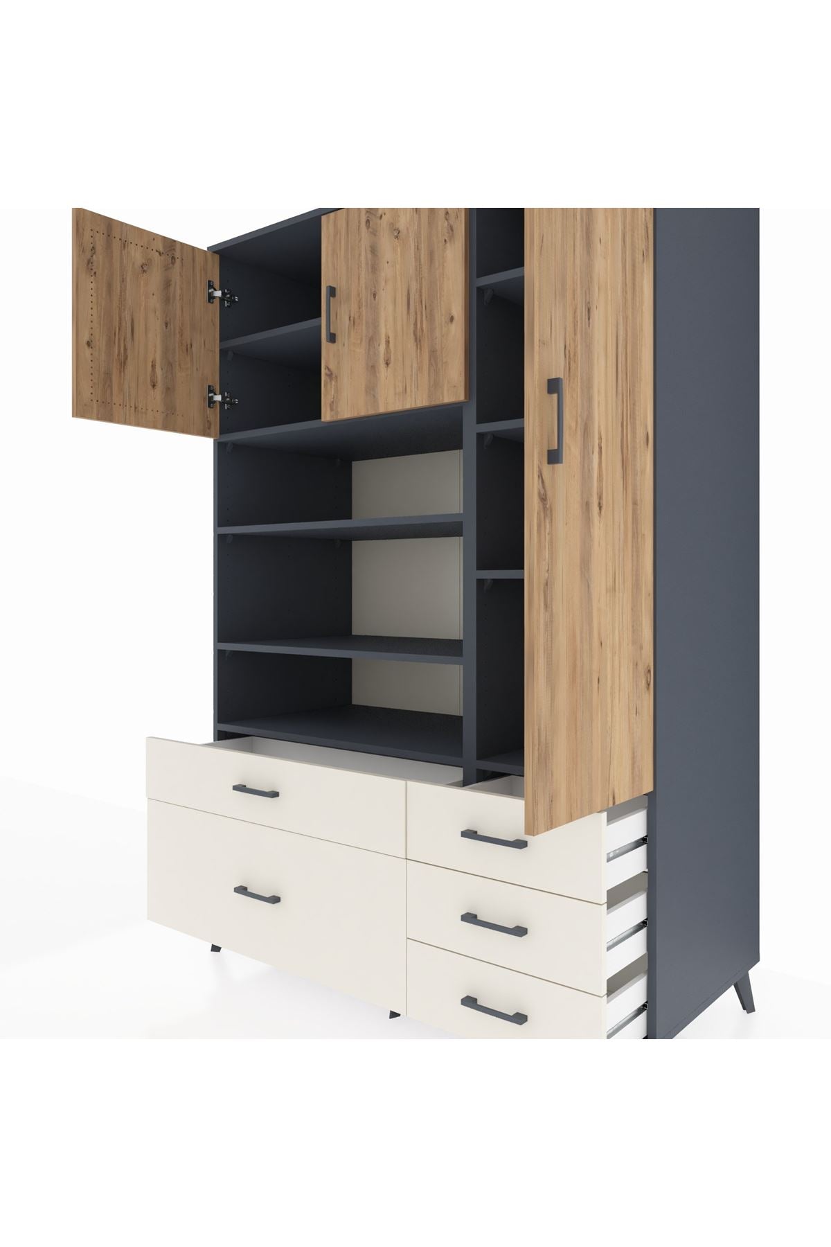 Kronos Dolap 9 Raflı 5 Çekmeceli 3 Kapaklı 132x59x195 Antrasit-Çam/Aytaşı