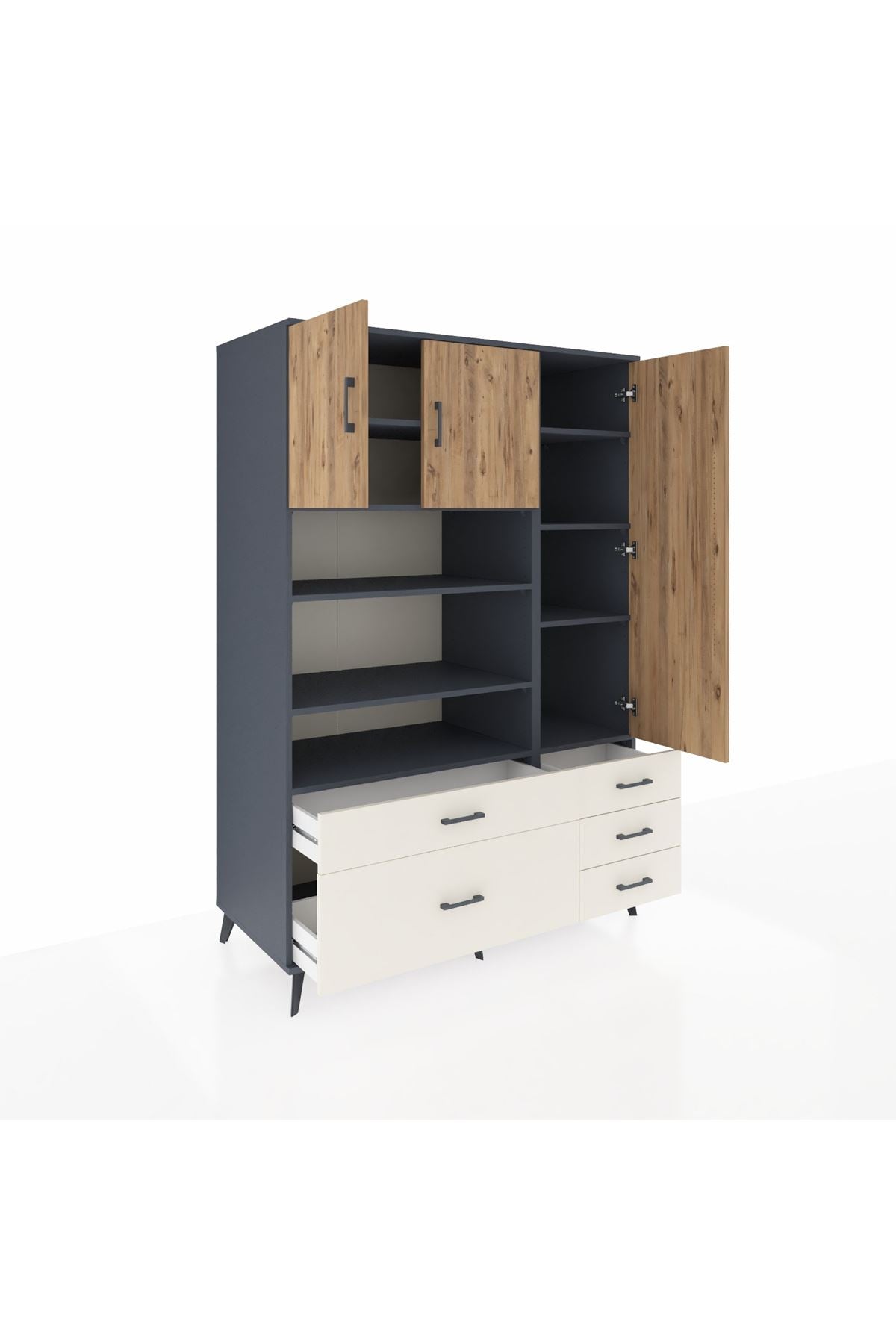 Kronos Dolap 9 Raflı 5 Çekmeceli 3 Kapaklı 132x59x195 Antrasit-Çam/Aytaşı