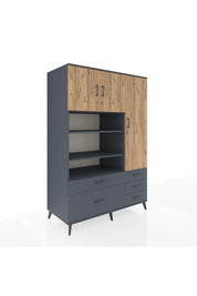 Kronos Dolap 9 Raflı 5 Çekmeceli 3 Kapaklı 132x59x195 Antrasit-Çam/Antrasit