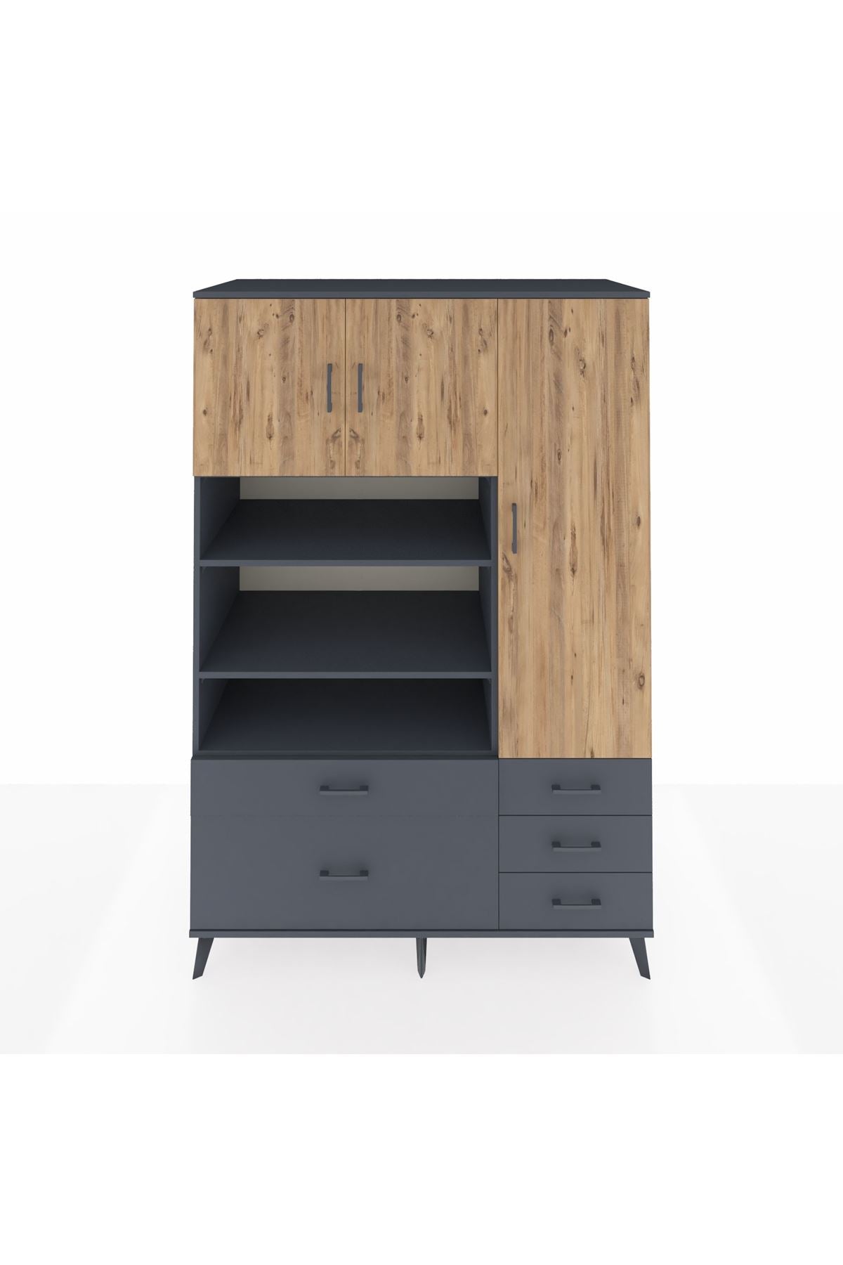 Kronos Dolap 9 Raflı 5 Çekmeceli 3 Kapaklı 132x59x195 Antrasit-Çam/Antrasit