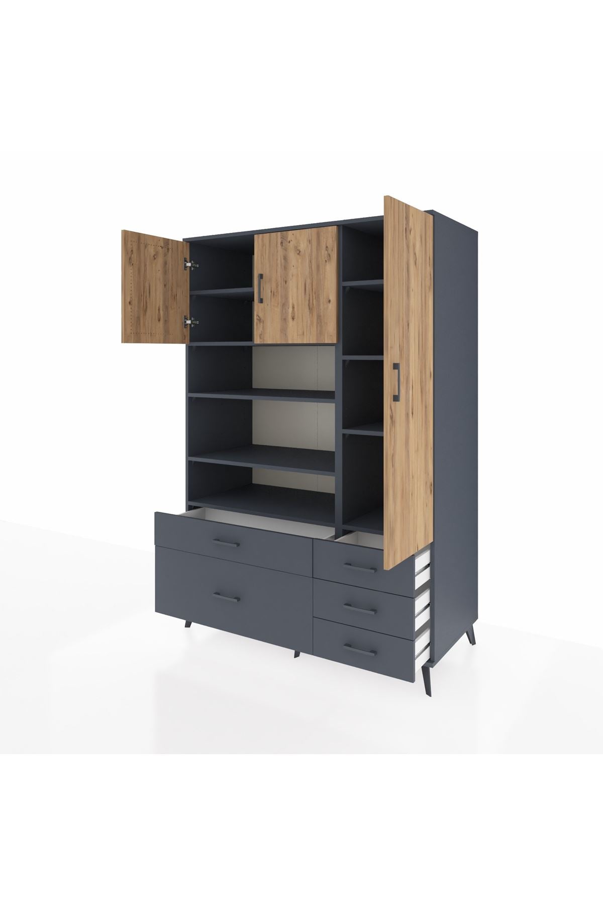 Kronos Dolap 9 Raflı 5 Çekmeceli 3 Kapaklı 132x59x195 Antrasit-Çam/Antrasit