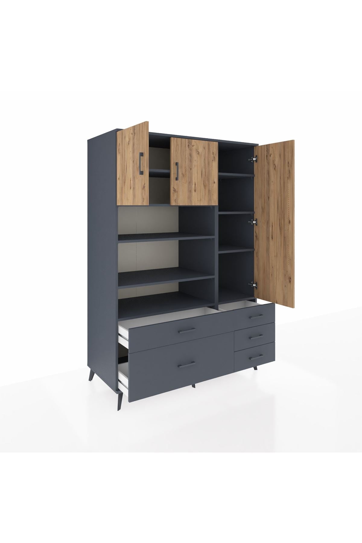 Kronos Dolap 9 Raflı 5 Çekmeceli 3 Kapaklı 132x59x195 Antrasit-Çam/Antrasit