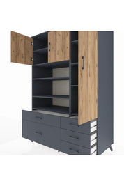 Kronos Dolap 9 Raflı 5 Çekmeceli 3 Kapaklı 132x59x195 Antrasit-Çam/Antrasit