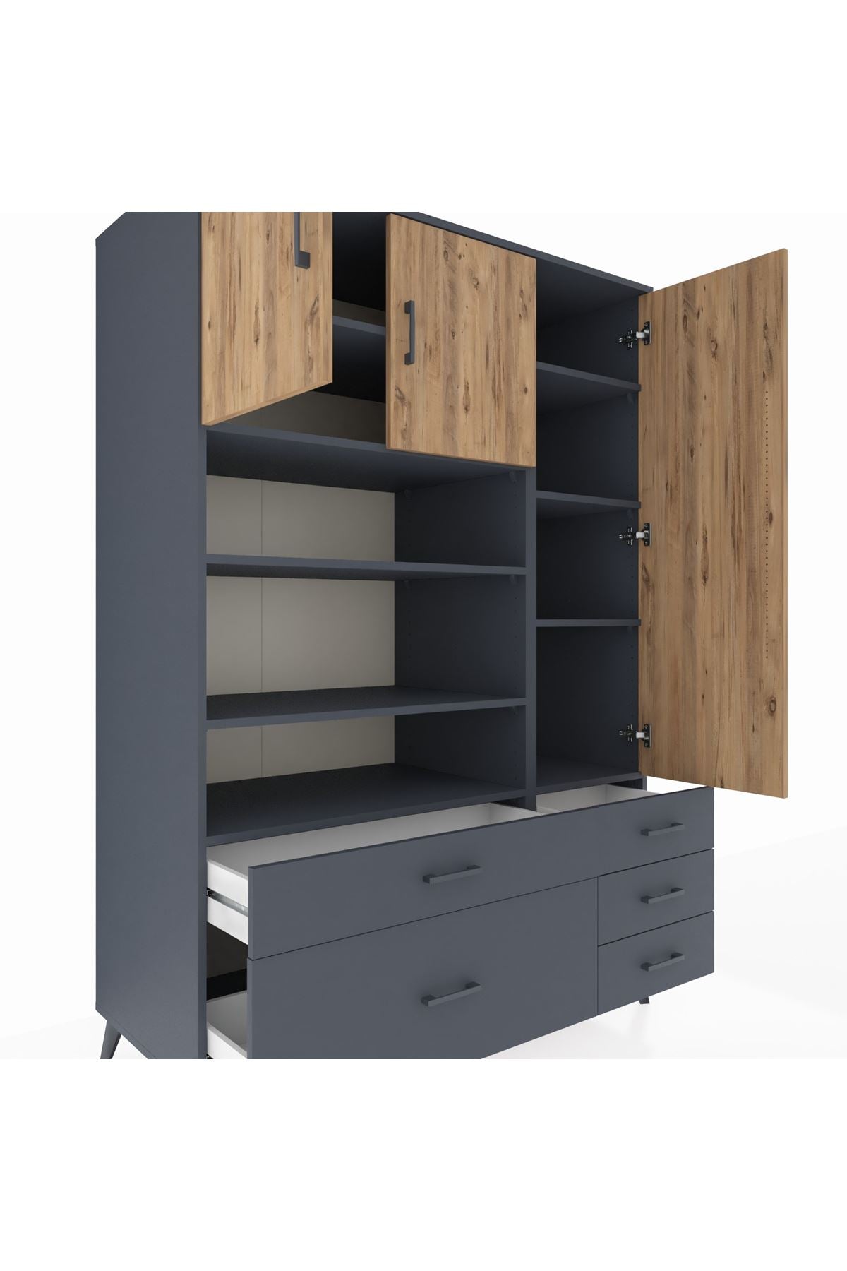 Kronos Dolap 9 Raflı 5 Çekmeceli 3 Kapaklı 132x59x195 Antrasit-Çam/Antrasit