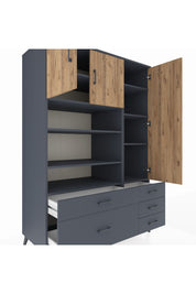Kronos Dolap 9 Raflı 5 Çekmeceli 3 Kapaklı 132x59x195 Antrasit-Çam/Antrasit