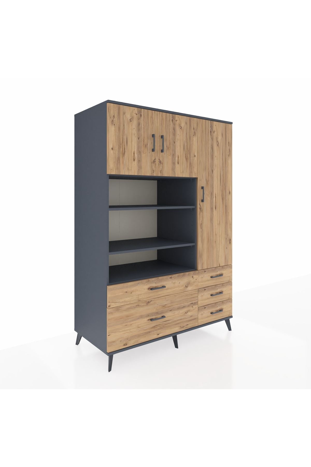 Kronos Dolap 9 Raflı 5 Çekmeceli 3 Kapaklı 132x59x195 Antrasit-Çam/Çam