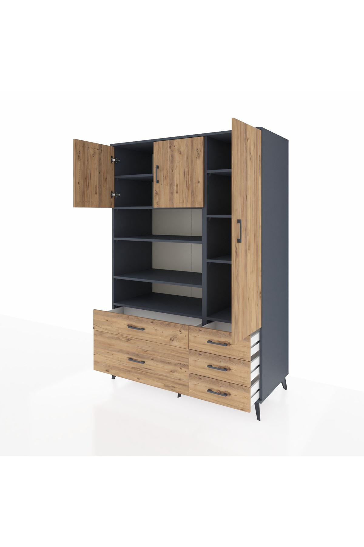 Kronos Dolap 9 Raflı 5 Çekmeceli 3 Kapaklı 132x59x195 Antrasit-Çam/Çam