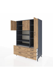 Kronos Dolap 9 Raflı 5 Çekmeceli 3 Kapaklı 132x59x195 Antrasit-Çam/Çam