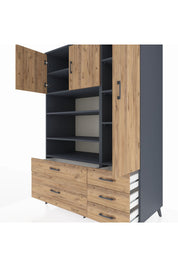 Kronos Dolap 9 Raflı 5 Çekmeceli 3 Kapaklı 132x59x195 Antrasit-Çam/Çam