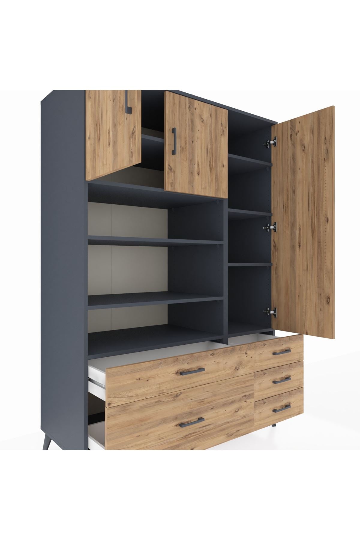 Kronos Dolap 9 Raflı 5 Çekmeceli 3 Kapaklı 132x59x195 Antrasit-Çam/Çam