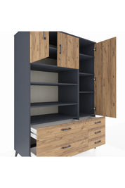 Kronos Dolap 9 Raflı 5 Çekmeceli 3 Kapaklı 132x59x195 Antrasit-Çam/Çam