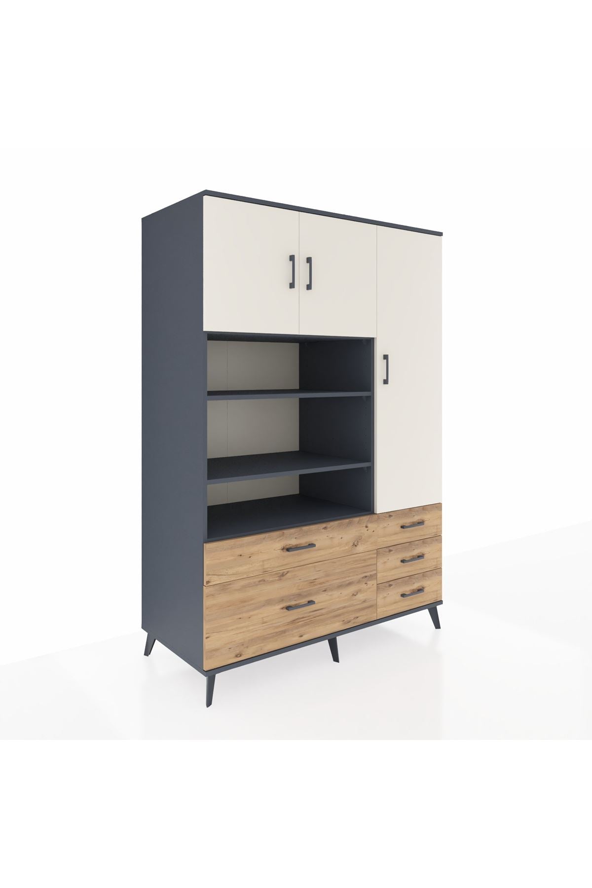 Kronos Dolap 9 Raflı 5 Çekmeceli 3 Kapaklı 132x59x195 Antrasit-Aytaşı/Çam