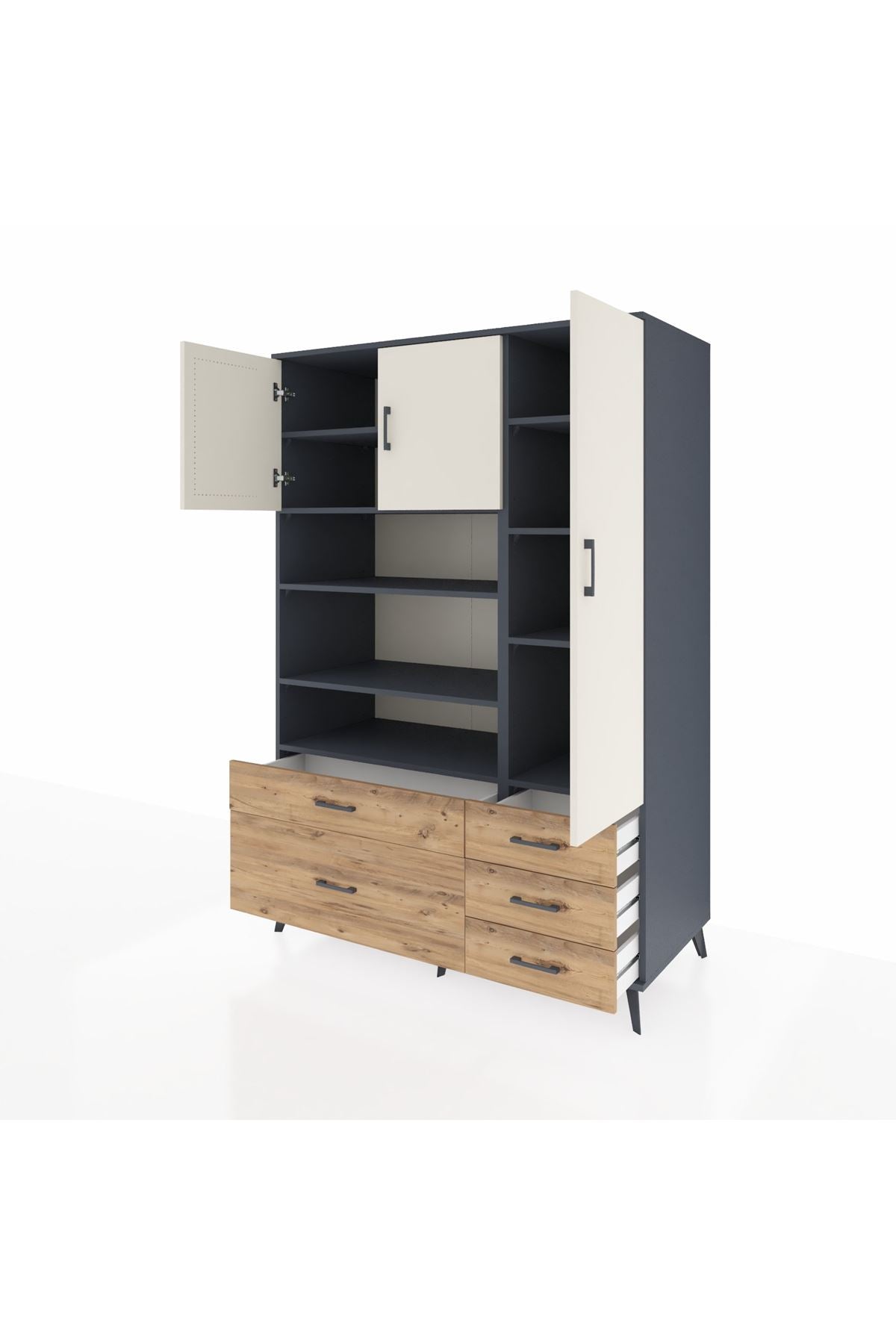 Kronos Dolap 9 Raflı 5 Çekmeceli 3 Kapaklı 132x59x195 Antrasit-Aytaşı/Çam