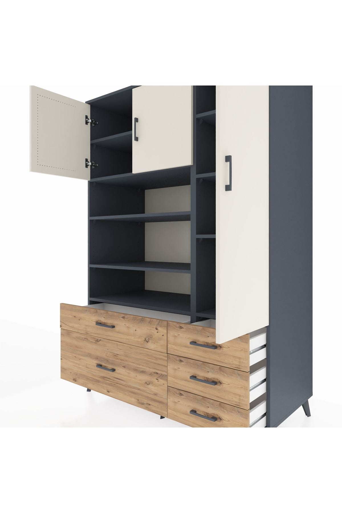 Kronos Dolap 9 Raflı 5 Çekmeceli 3 Kapaklı 132x59x195 Antrasit-Aytaşı/Çam