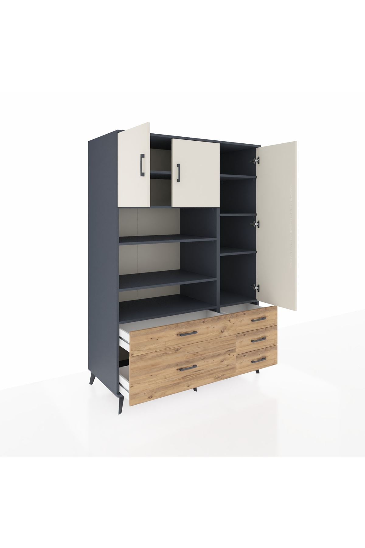 Kronos Dolap 9 Raflı 5 Çekmeceli 3 Kapaklı 132x59x195 Antrasit-Aytaşı/Çam