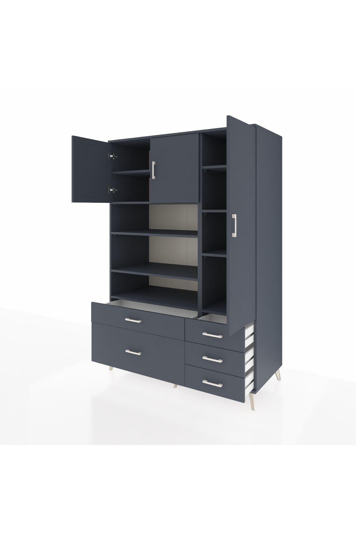 Kronos Dolap 9 Raflı 5 Çekmeceli 3 Kapaklı 132x59x195 Antrasit-Antrasit/Antrasit