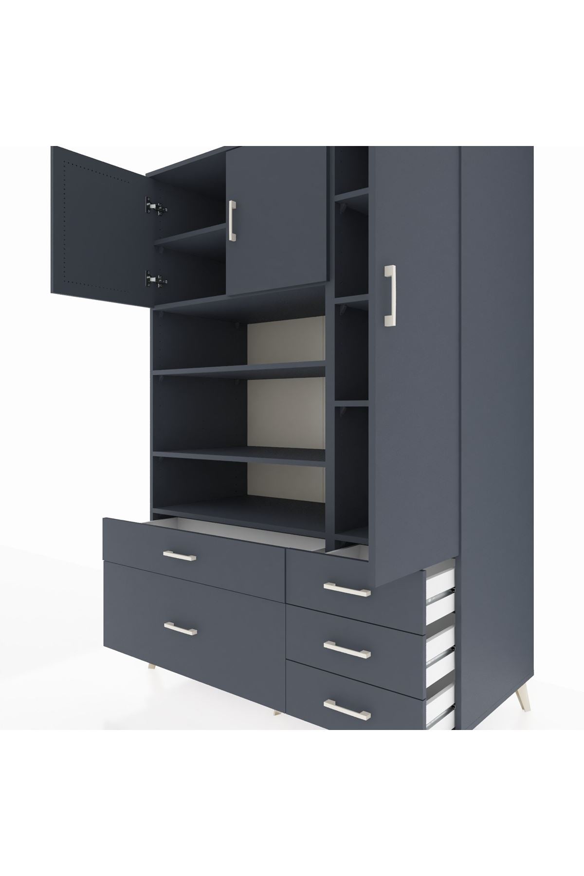 Kronos Dolap 9 Raflı 5 Çekmeceli 3 Kapaklı 132x59x195 Antrasit-Antrasit/Antrasit