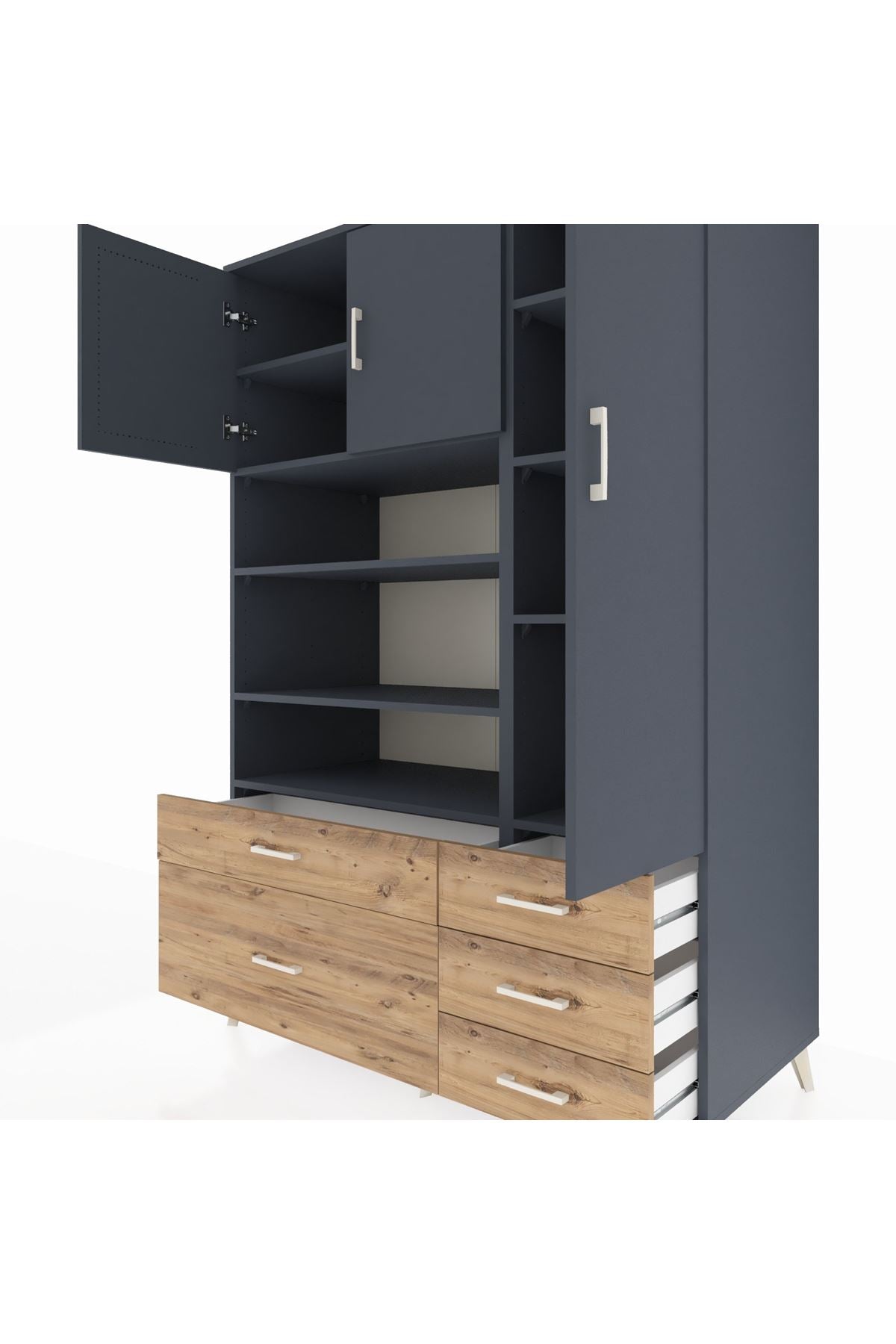 Kronos Dolap 9 Raflı 5 Çekmeceli 3 Kapaklı 132x59x195 Antrasit-Antrasit/Çam