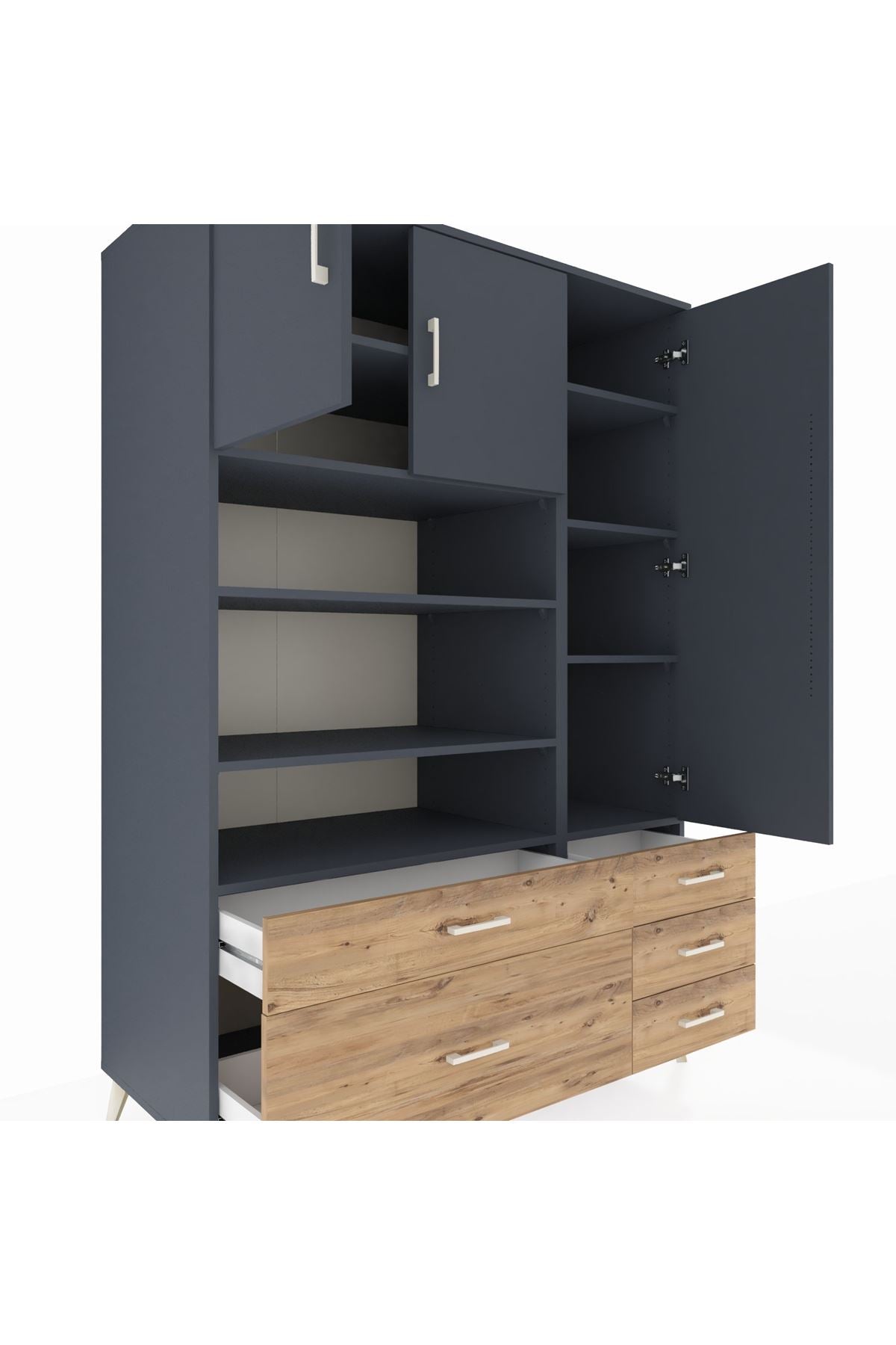 Kronos Dolap 9 Raflı 5 Çekmeceli 3 Kapaklı 132x59x195 Antrasit-Antrasit/Çam