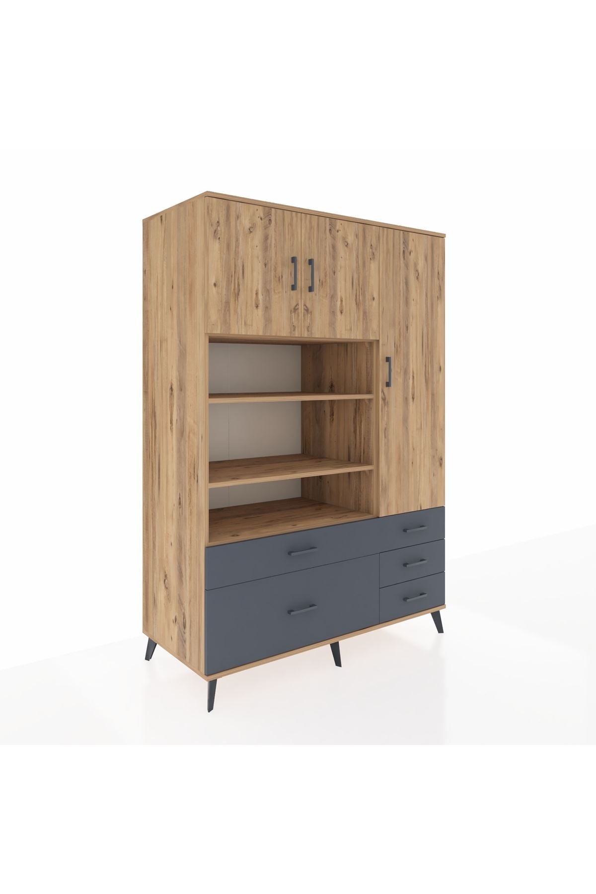 Kronos Dolap 9 Raflı 5 Çekmeceli 3 Kapaklı 132x59x195 Çam-Çam/Antrasit