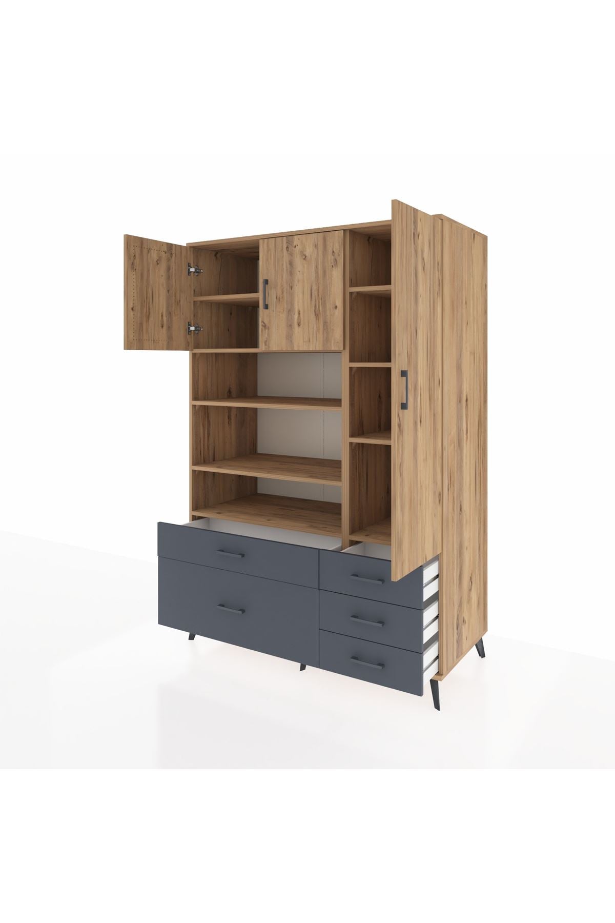 Kronos Dolap 9 Raflı 5 Çekmeceli 3 Kapaklı 132x59x195 Çam-Çam/Antrasit