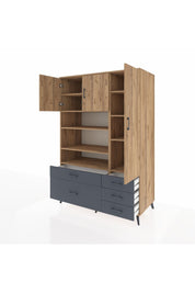 Kronos Dolap 9 Raflı 5 Çekmeceli 3 Kapaklı 132x59x195 Çam-Çam/Antrasit