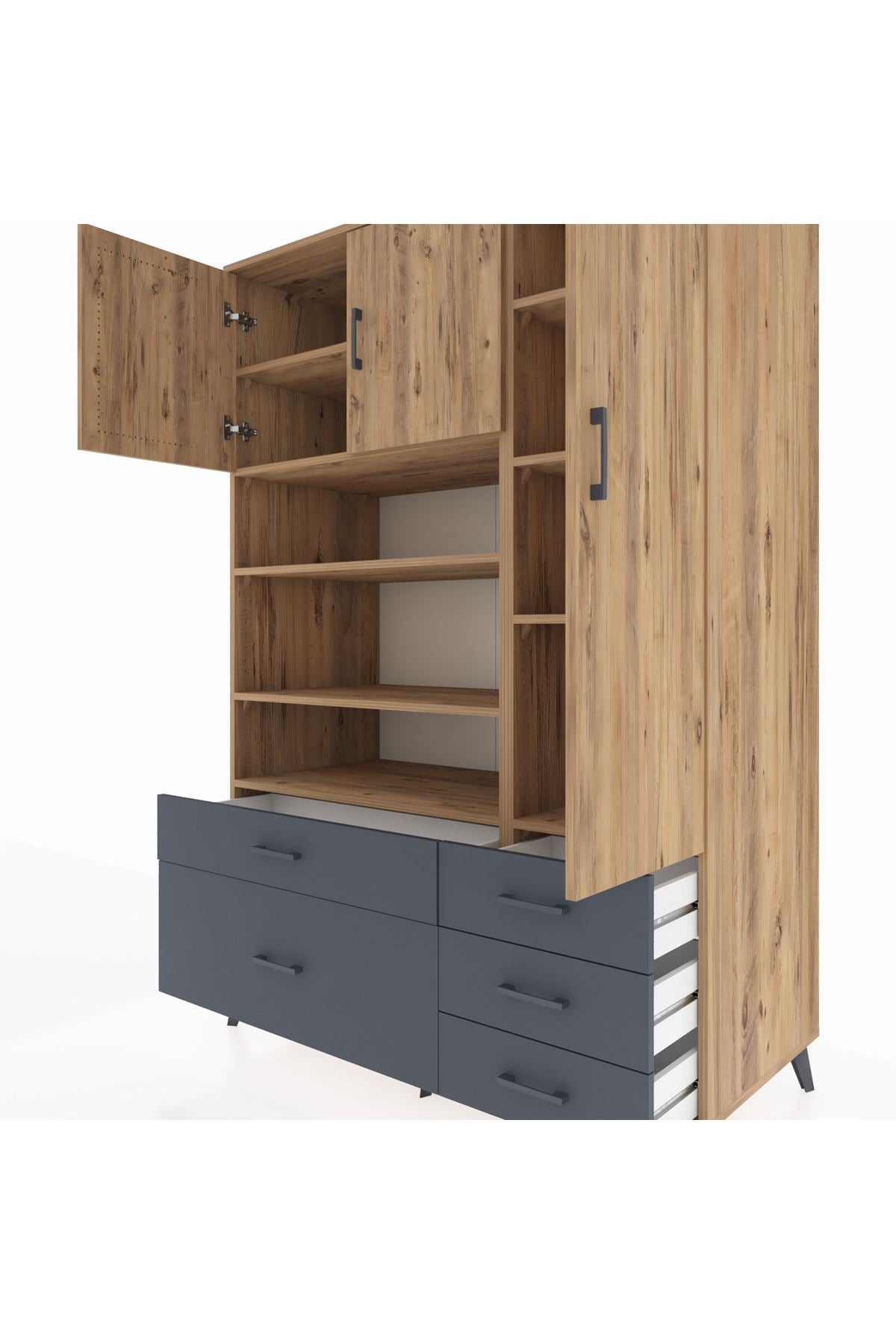 Kronos Dolap 9 Raflı 5 Çekmeceli 3 Kapaklı 132x59x195 Çam-Çam/Antrasit