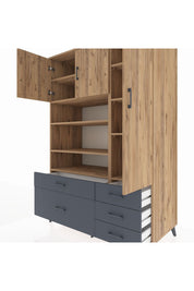 Kronos Dolap 9 Raflı 5 Çekmeceli 3 Kapaklı 132x59x195 Çam-Çam/Antrasit