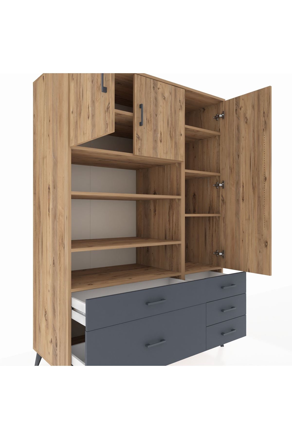 Kronos Dolap 9 Raflı 5 Çekmeceli 3 Kapaklı 132x59x195 Çam-Çam/Antrasit