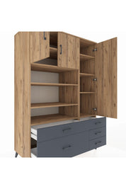 Kronos Dolap 9 Raflı 5 Çekmeceli 3 Kapaklı 132x59x195 Çam-Çam/Antrasit