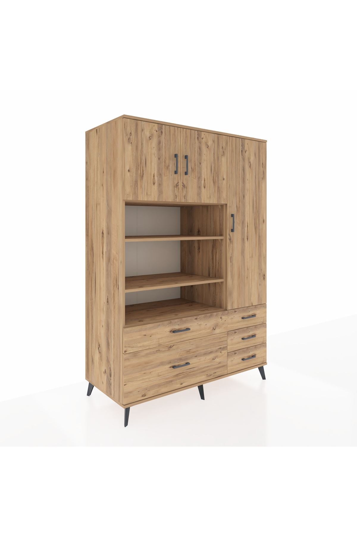 Kronos Dolap 9 Raflı 5 Çekmeceli 3 Kapaklı 132x59x195 Çam-Çam/Çam