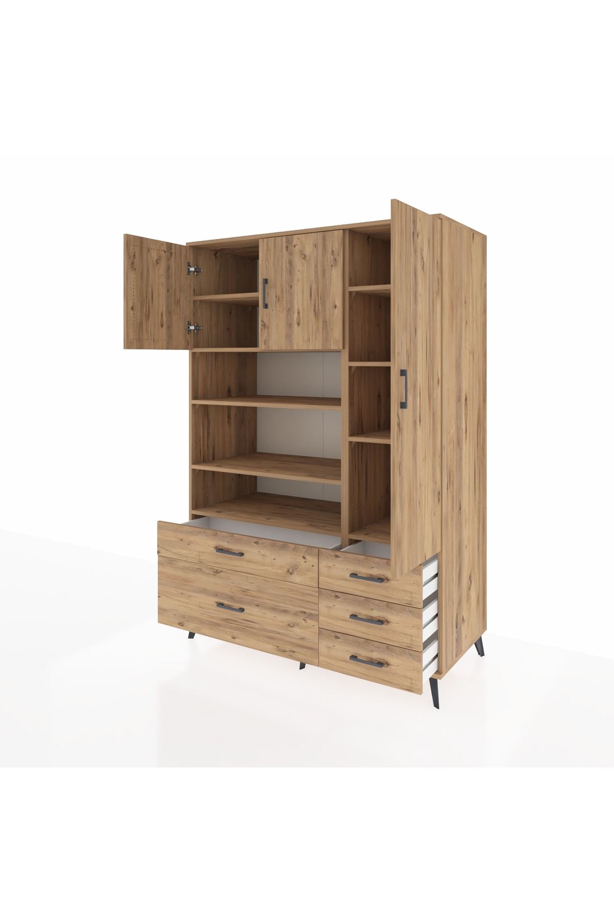 Kronos Dolap 9 Raflı 5 Çekmeceli 3 Kapaklı 132x59x195 Çam-Çam/Çam