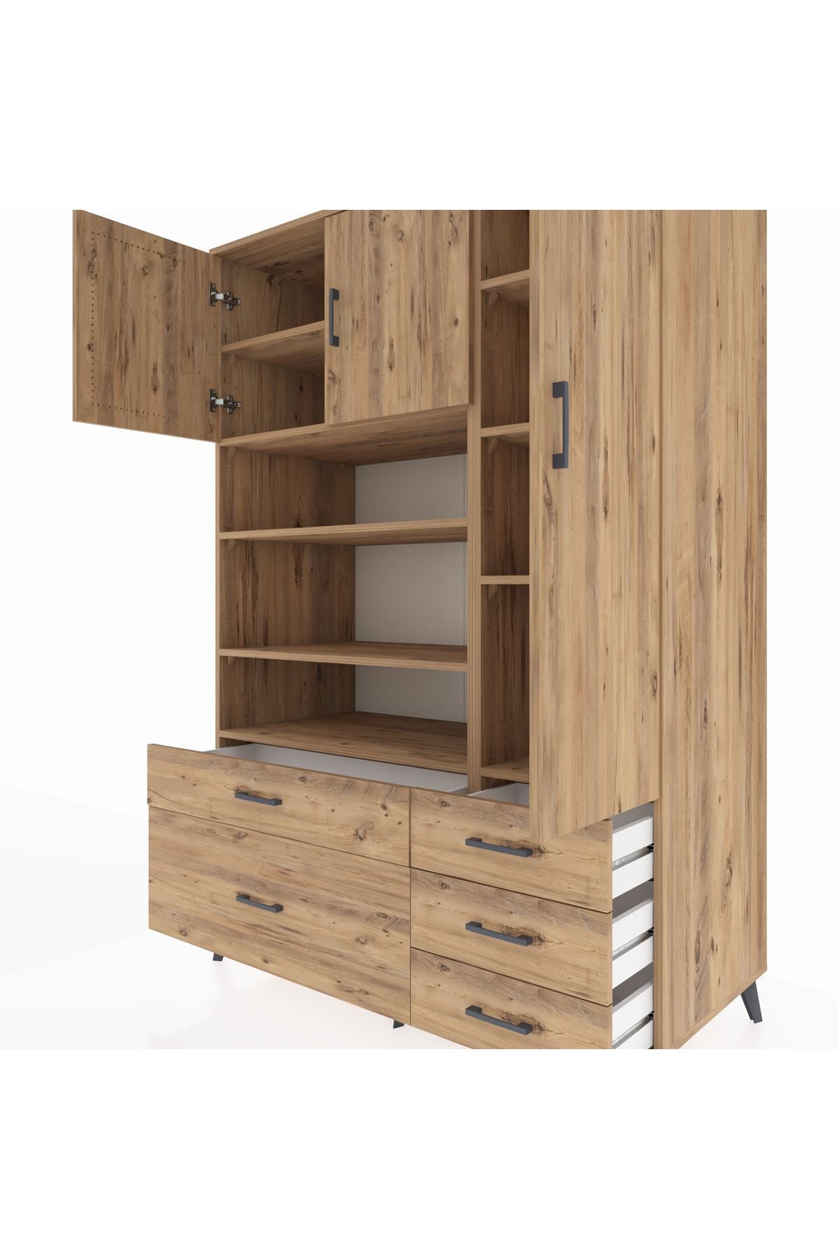 Kronos Dolap 9 Raflı 5 Çekmeceli 3 Kapaklı 132x59x195 Çam-Çam/Çam