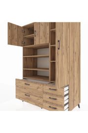 Kronos Dolap 9 Raflı 5 Çekmeceli 3 Kapaklı 132x59x195 Çam-Çam/Çam