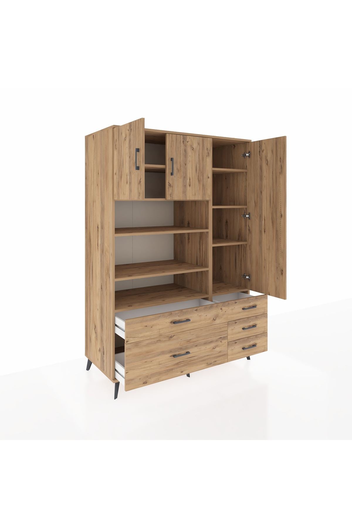 Kronos Dolap 9 Raflı 5 Çekmeceli 3 Kapaklı 132x59x195 Çam-Çam/Çam