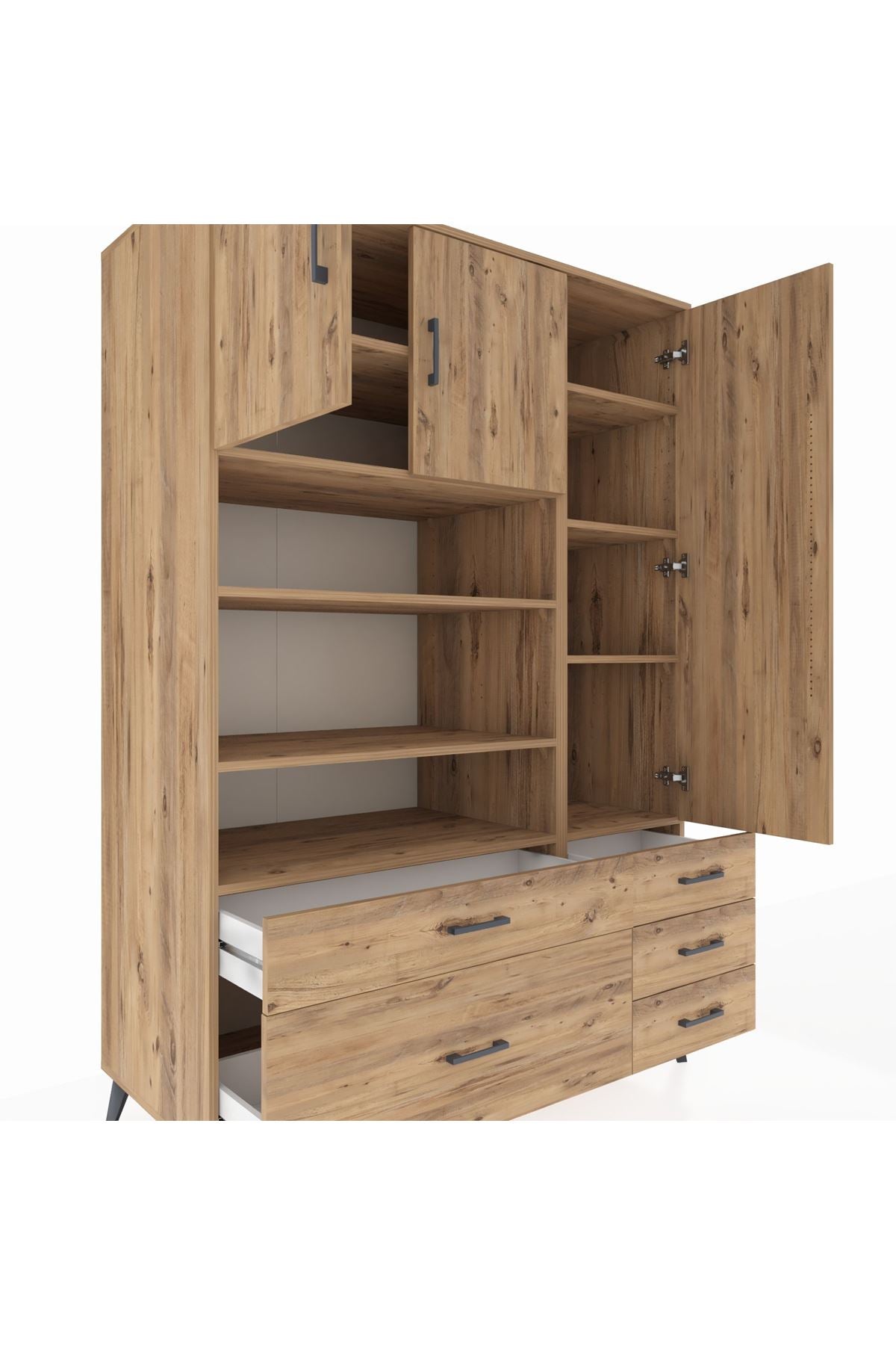 Kronos Dolap 9 Raflı 5 Çekmeceli 3 Kapaklı 132x59x195 Çam-Çam/Çam