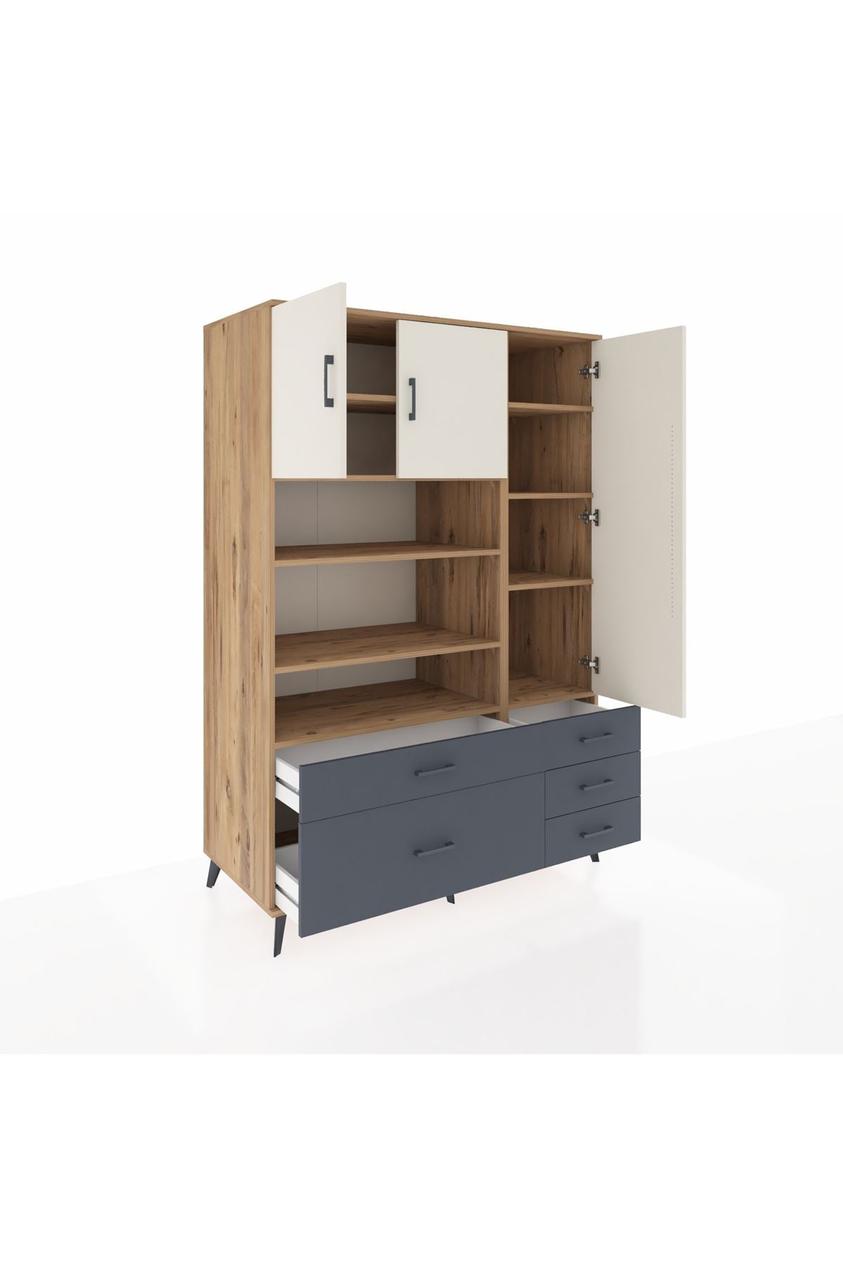 Kronos Dolap 9 Raflı 5 Çekmeceli 3 Kapaklı 132x59x195 Çam-Aytaşı/Antrasit