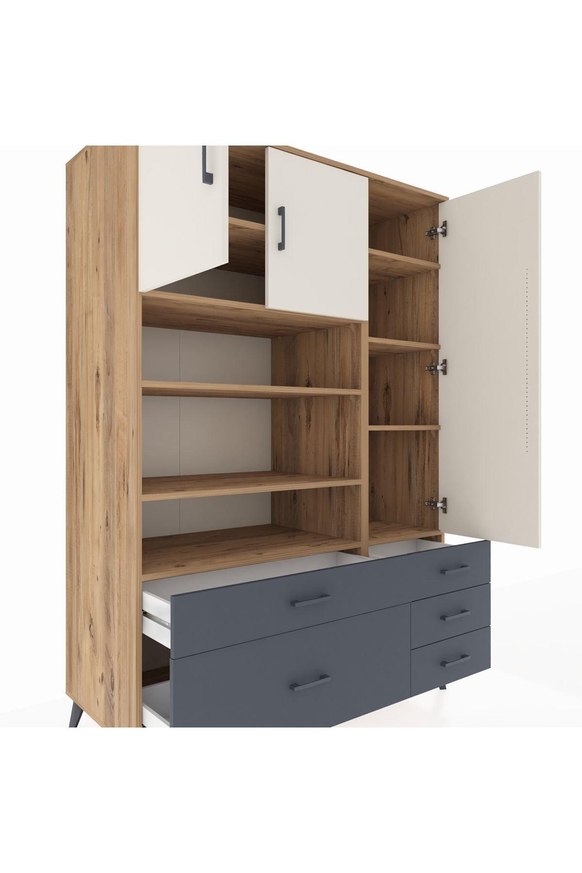 Kronos Dolap 9 Raflı 5 Çekmeceli 3 Kapaklı 132x59x195 Çam-Aytaşı/Antrasit