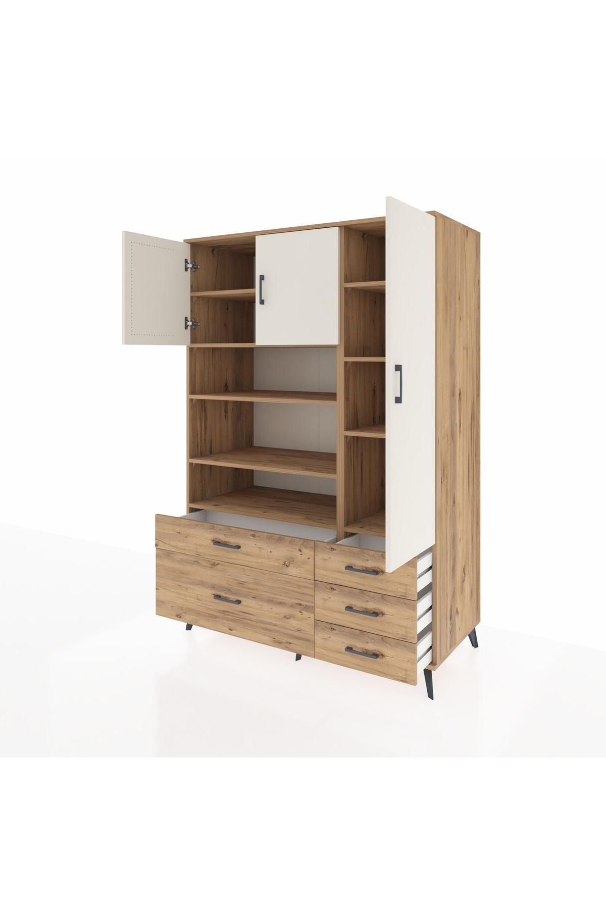 Kronos Dolap 9 Raflı 5 Çekmeceli 3 Kapaklı 132x59x195 Çam-Aytaşı/Çam