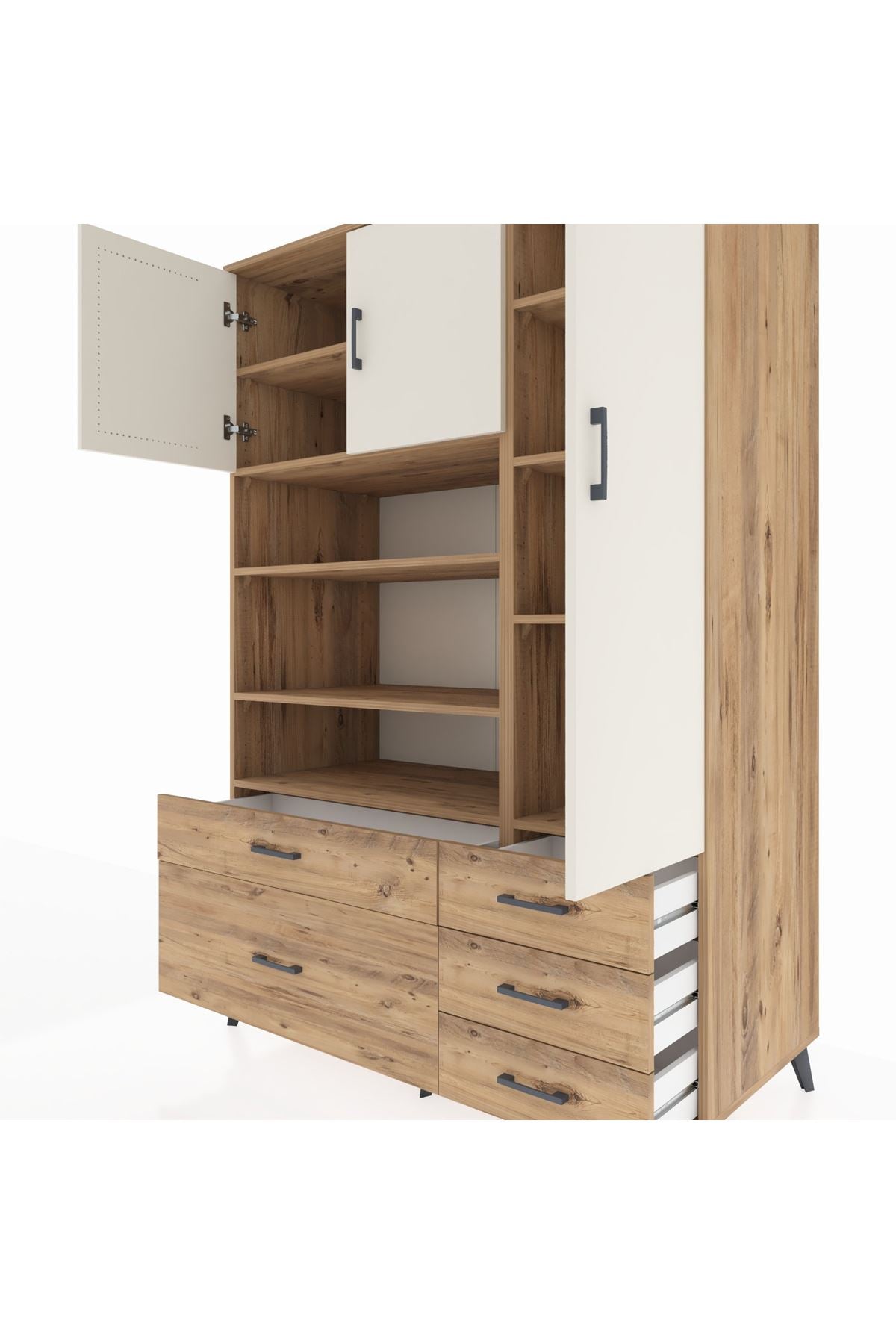 Kronos Dolap 9 Raflı 5 Çekmeceli 3 Kapaklı 132x59x195 Çam-Aytaşı/Çam