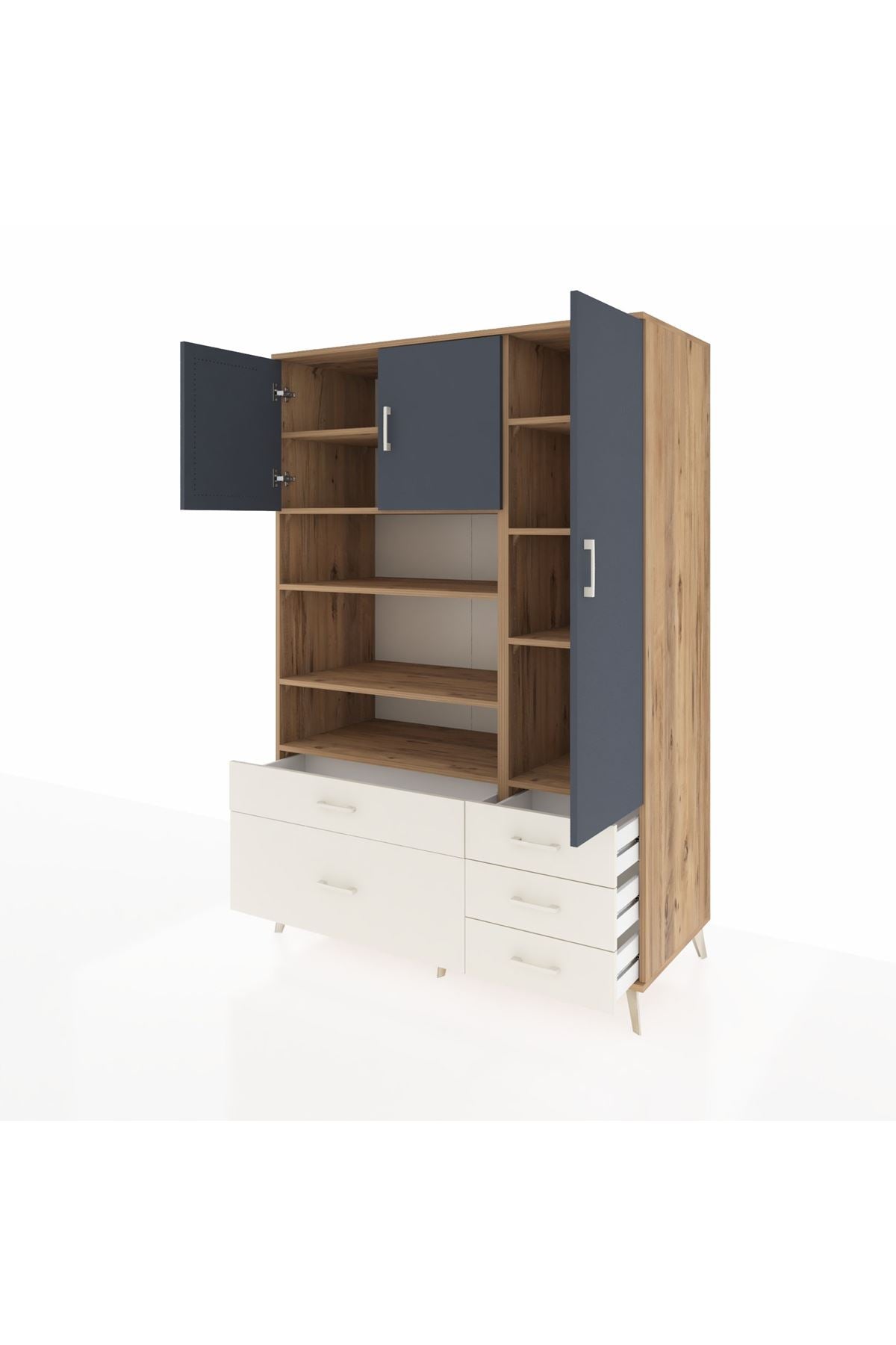 Kronos Dolap 9 Raflı 5 Çekmeceli 3 Kapaklı 132x59x195 Çam-Antrasit/Aytaşı