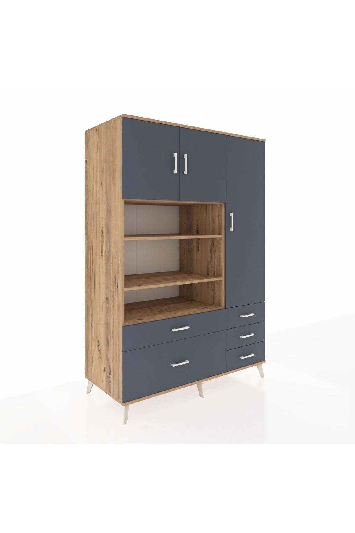 Kronos Dolap 9 Raflı 5 Çekmeceli 3 Kapaklı 132x59x195 Çam-Antrasit/Antrasit