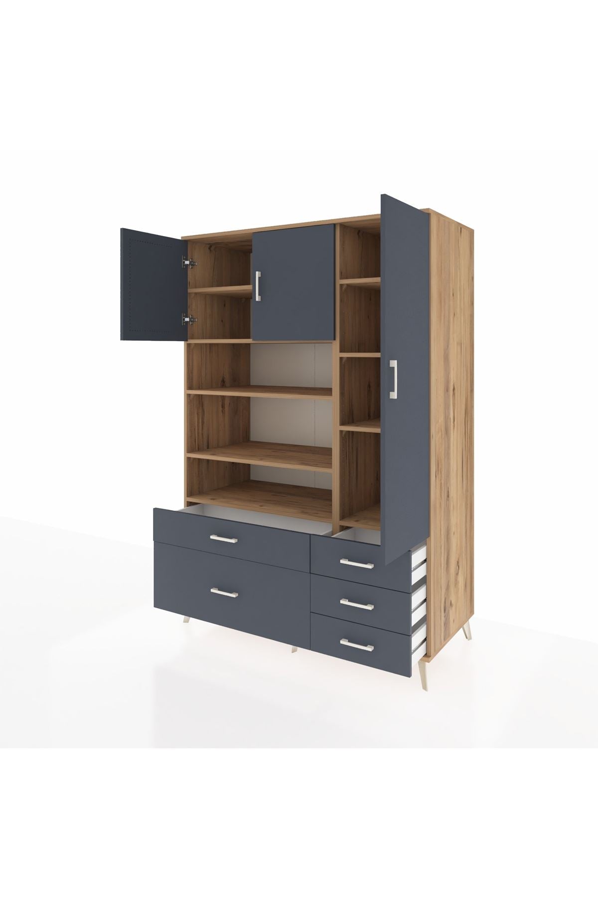 Kronos Dolap 9 Raflı 5 Çekmeceli 3 Kapaklı 132x59x195 Çam-Antrasit/Antrasit