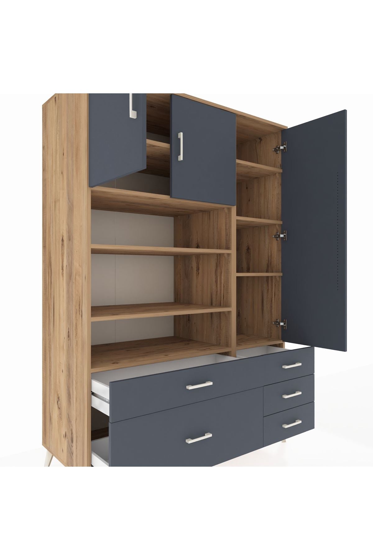 Kronos Dolap 9 Raflı 5 Çekmeceli 3 Kapaklı 132x59x195 Çam-Antrasit/Antrasit