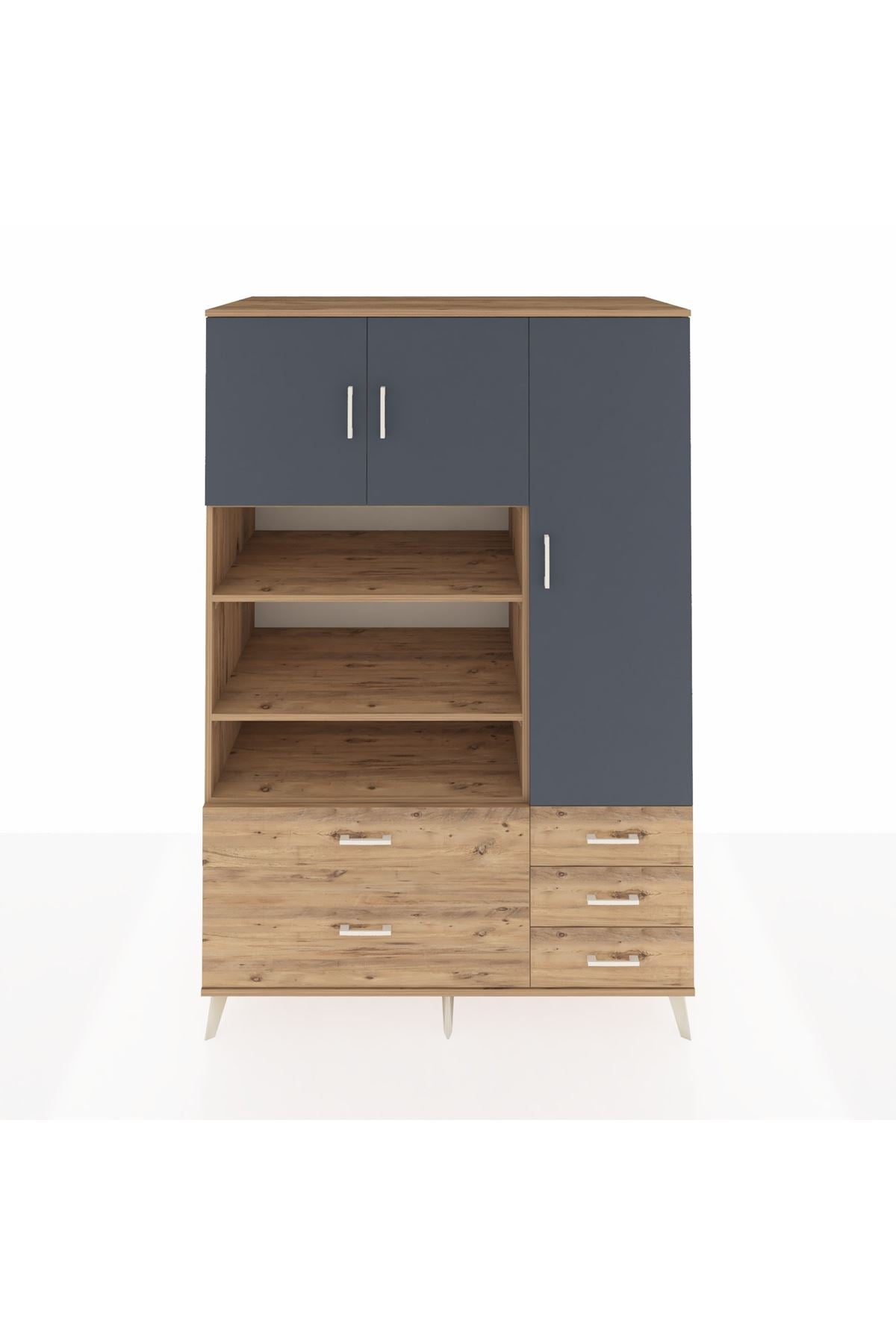 Kronos Dolap 9 Raflı 5 Çekmeceli 3 Kapaklı 132x59x195 Çam-Antrasit/Çam