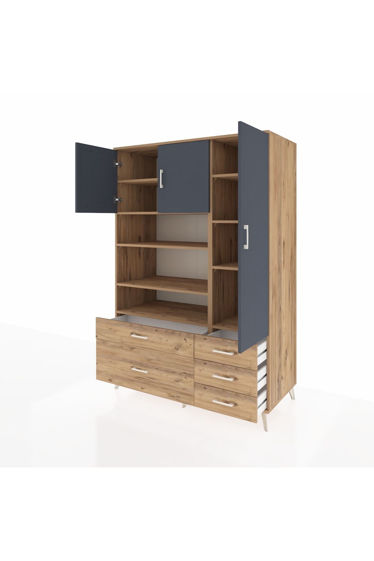 Kronos Dolap 9 Raflı 5 Çekmeceli 3 Kapaklı 132x59x195 Çam-Antrasit/Çam